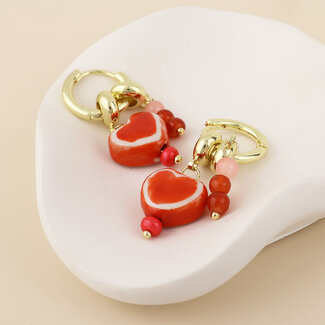 POM 14k Gold plated waterproof Earrings Hoop Amour Red Heart & Bead
