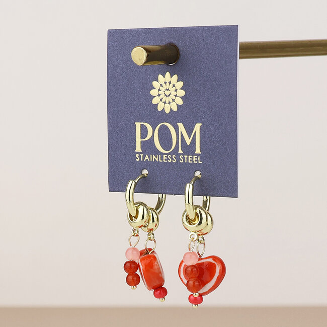 14k Gold plated Earrings Hoop Amour Red Heart & Bead