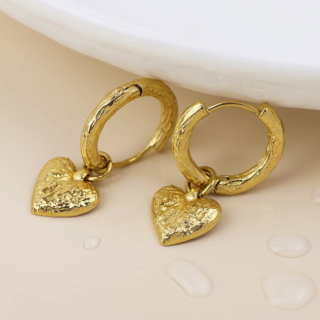 14k Gold plated Earrings Hoop Textured Heart