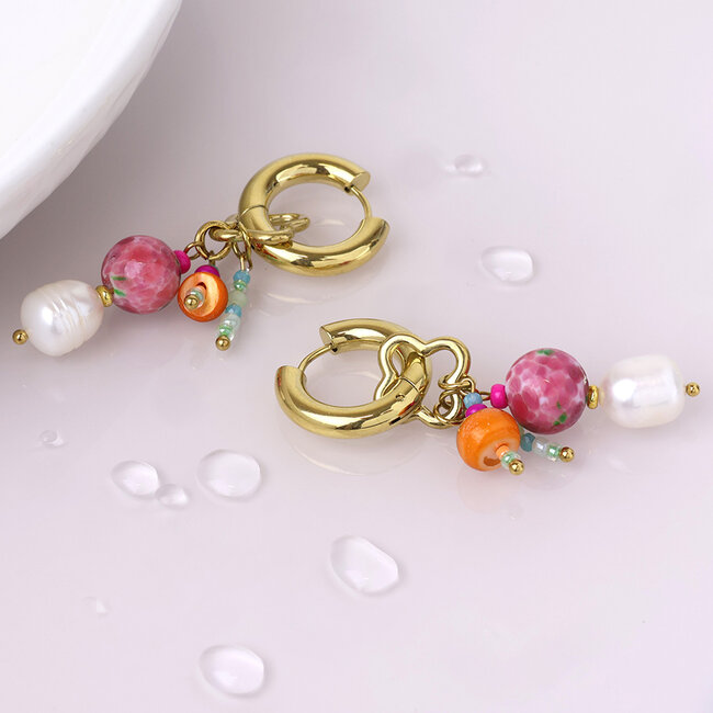 14k Gold plated Earrings Hoop Bead Cluster