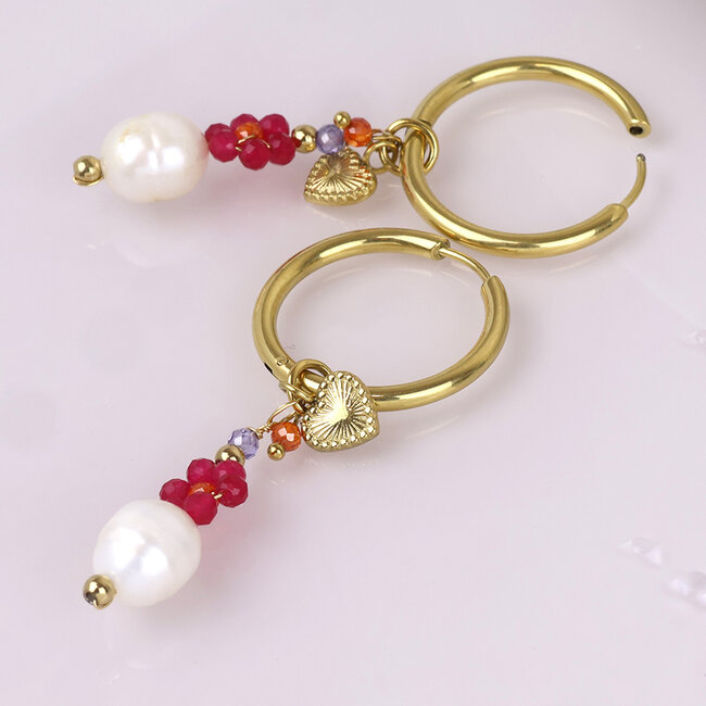 14k Gold plated Earrings Hoop Heart Bead Cluster