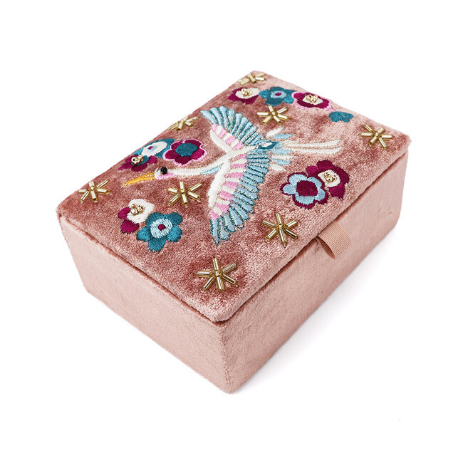 Jewellery Box small Velvet Embroidered Cranes & Flowers blush