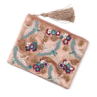 POM Zip Purse Velvet Embroidered Cranes & Flowers blush
