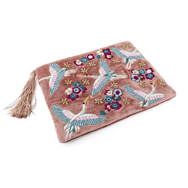 Zip Purse Velvet Embroidered Cranes & Flowers blush