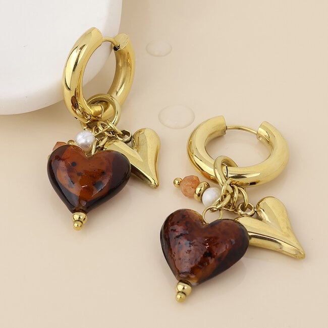 14k Gold plated waterproof Earrings Hoop Treasure brown & gold