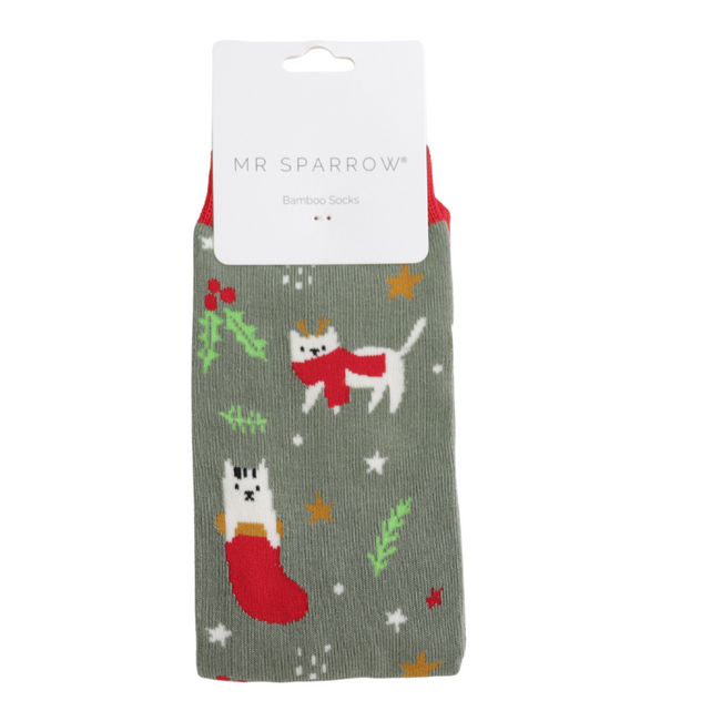 Mens Socks Bamboo Xmas Cat green