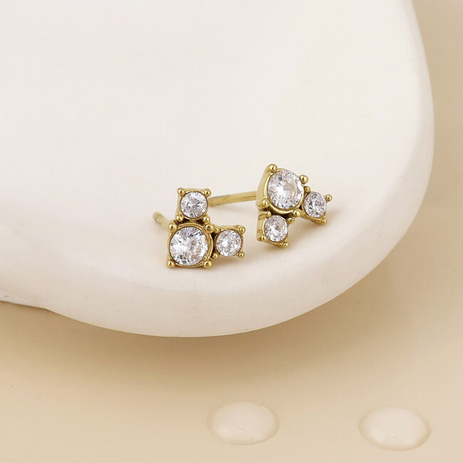 14k Gold plated waterproof Studs Triad Triple Crystal