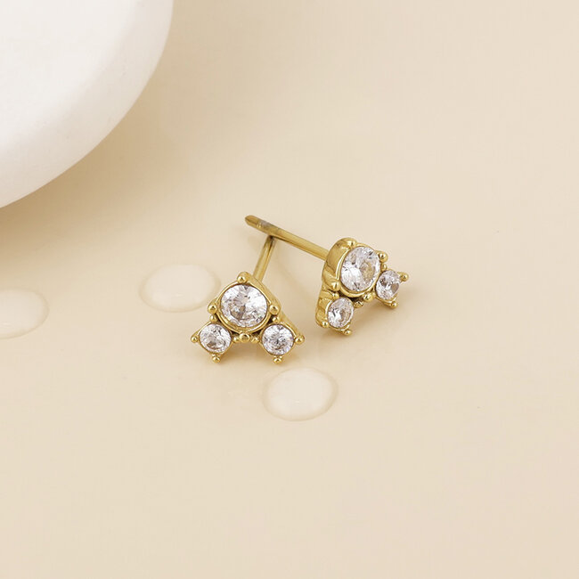 14k Gold plated waterproof Studs Triad Triple Crystal