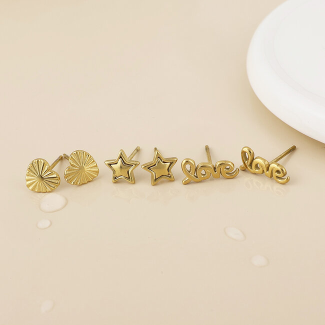 14k Gold plated waterproof Stud Set of 3 Lovey Mix