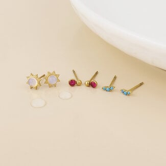 POM 14k Gold plated waterproof Stud Set of 3 Nomad aqua & pink mixed