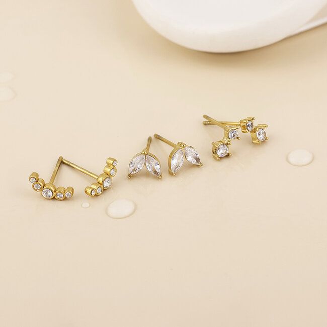 14k Gold plated waterproof Stud Set of 3 Chloe Clear Crystal