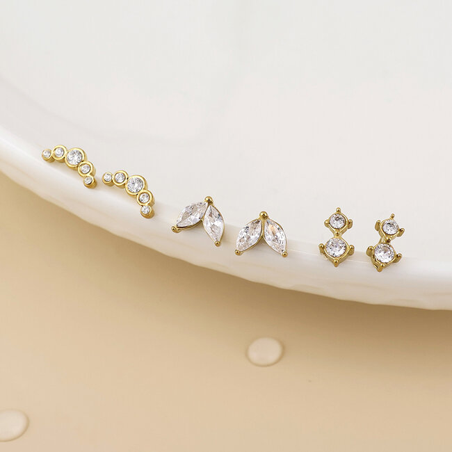14k Gold plated waterproof Stud Set of 3 Chloe Clear Crystal