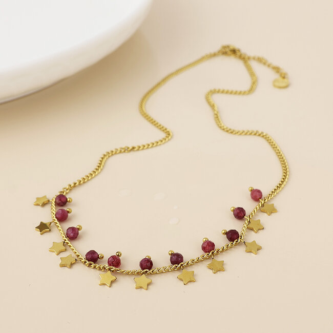 14k Gold plated waterproof Necklace Pixi Star Charms & Pink Beads