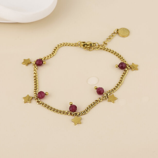 14k Gold plated waterproof Bracelet Pixi Star Charms & Pink Beads