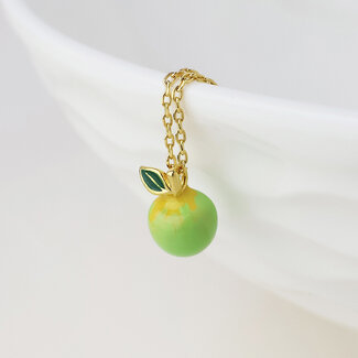 POM Gold plated Necklace Enamel Pip Apple green