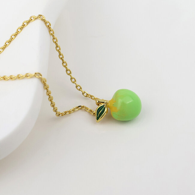 Gold plated Necklace Enamel Pip Apple green