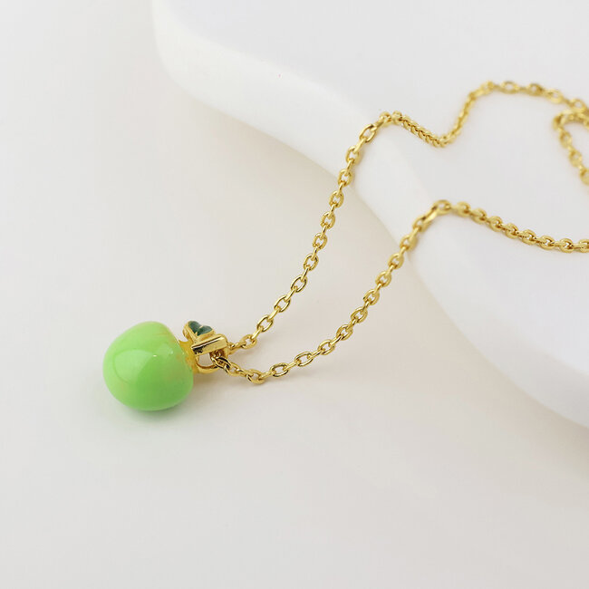 Gold plated Necklace Enamel Pip Apple green