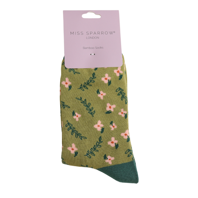 Socken Bamboo Flowers and Vines olive