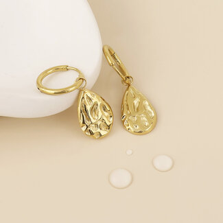 POM 14k Gold plated waterproof Earrings Hoop Teardrop textured