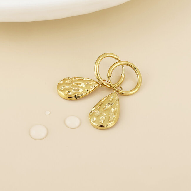 14k Gold plated waterproof Earrings Hoop Teardrop textured