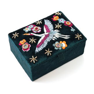 POM Jewellery Box small Velvet Embroidered Cranes & Flowers teal