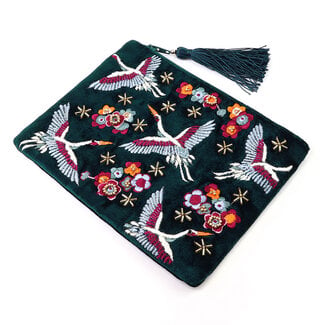 POM Zip Purse Velvet Embroidered Cranes & Flowers teal