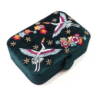 POM Jewellery Box medium Velvet Embroidered Cranes & Flowers teal