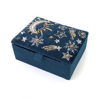 POM Jewellery Box small Velvet Embroidered Celestial Night Sky blue
