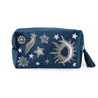 POM Wash Bag Velvet Embroidered Clestial Night Sky blue