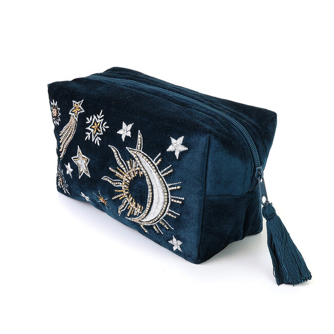 Wash Bag Velvet Embroidered Clestial Night Sky blue