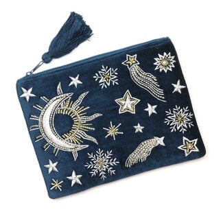 POM Zip Purse Velvet Embroidered Celestial Night Sky blue