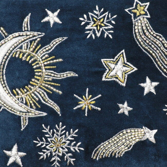 Zip Purse Velvet Embroidered Celestial Night Sky blue