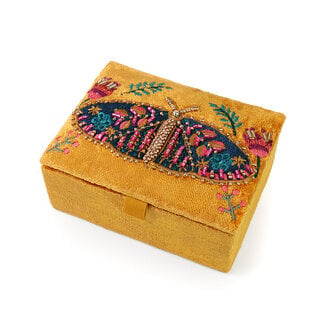 POM Jewellery Box small Velvet Embroidered Tiger Moth mustard