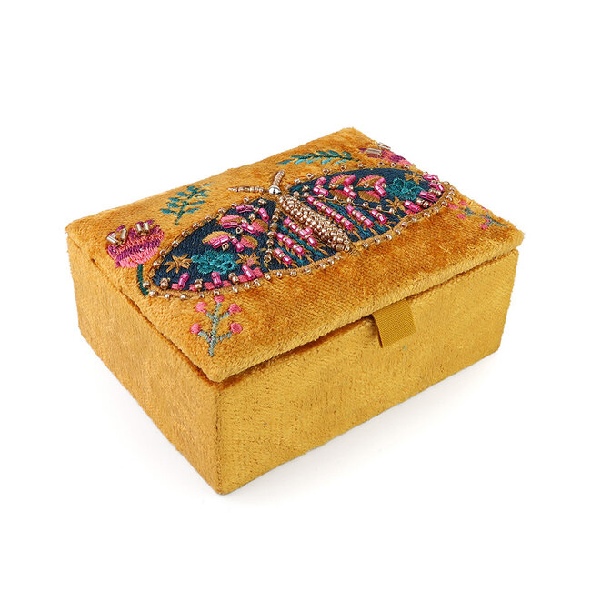 Jewellery Box small Velvet Embroidered Tiger Moth mustard