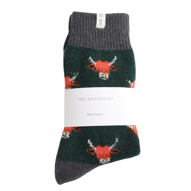 Männer-Socken Woolmix Highland Cows green