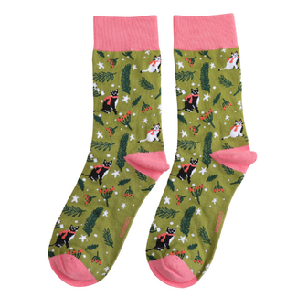 Miss Sparrow Socks Bamboo Winter Cats olive