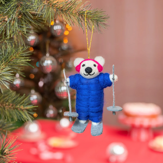 Sjaal met Verhaal Filz Weihnachtshänger Ijsbeer Skiër blauw