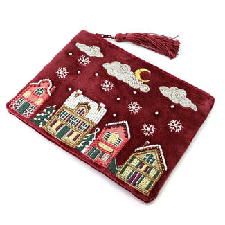 POM Zip Purse Velvet Embroidered Winter Village red