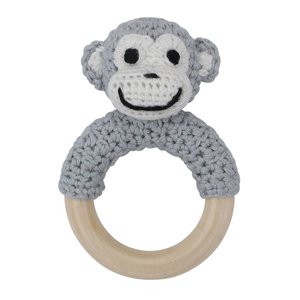 Sindibaba Rattle Monkey on wooden ring grey