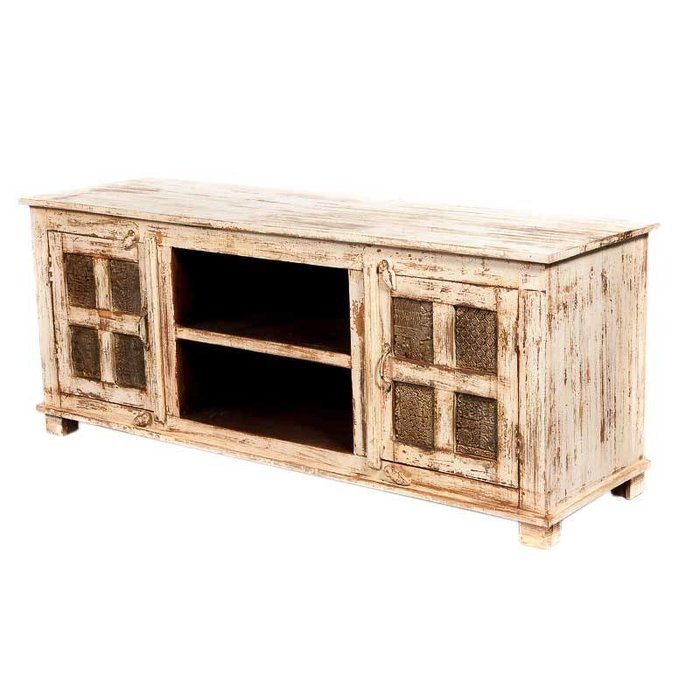 Oosters tv kast white wash met stempels in bohemian stijl