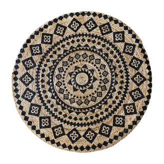 Rond jute vloerkleed met zwarte opdruk