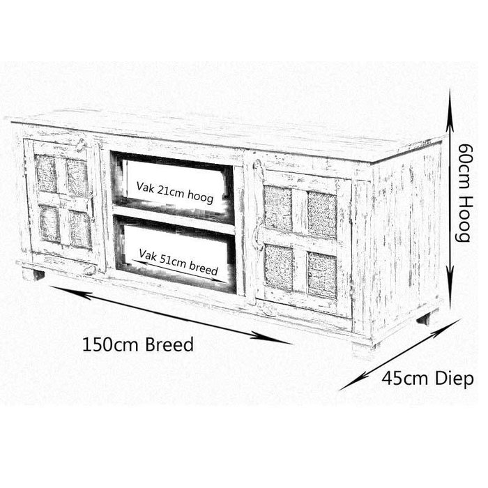 Oosters tv kast white wash met stempels in bohemian stijl