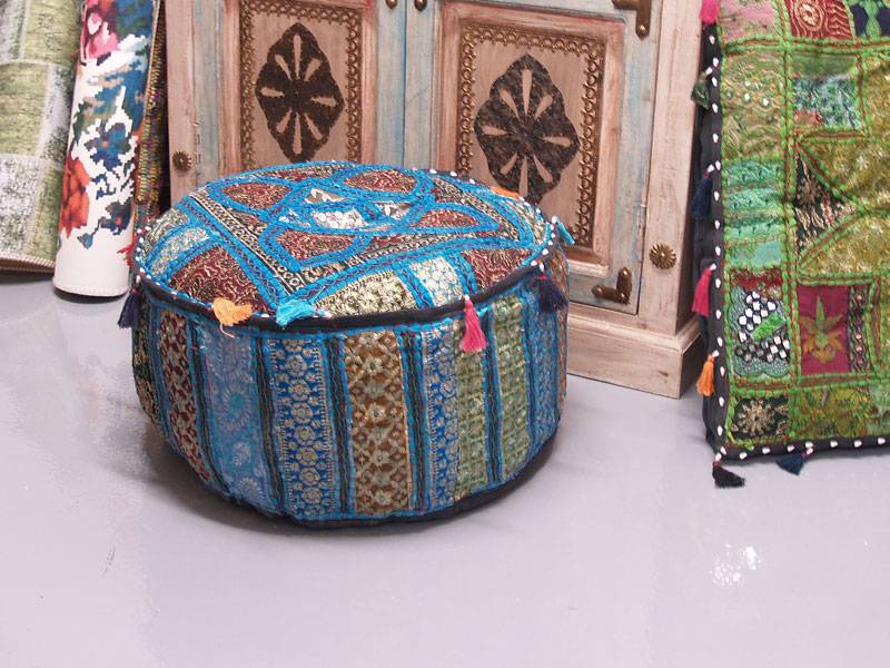 Oosterse poef blauw Indiaas patchwork