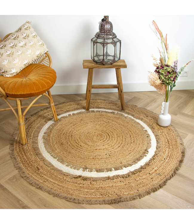 Ripaz Vogue Vloerkleed, natuurlijk jute, ovaal, beige met witte lijn, handgevlochten boerderij, jute vloerkleed voor huisdecoratie, woonkamer, hal, 60 x 240 cm