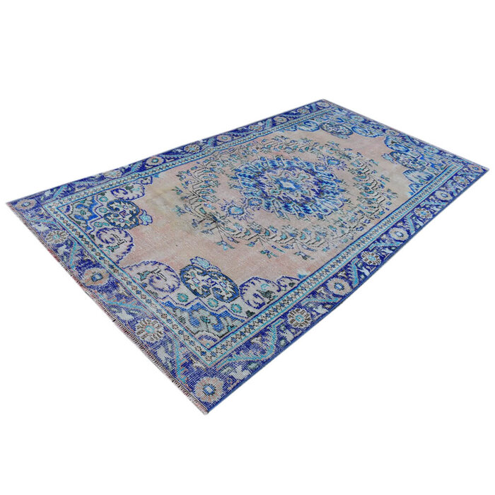 Vintage tapijt blauw beige 164 x 300 cm