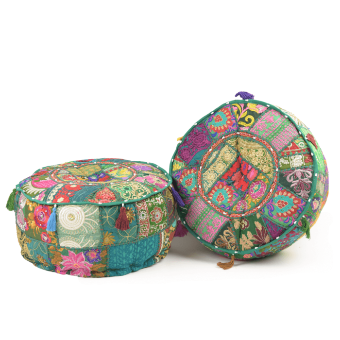 Oosterse poef groen uit India met gekleurde kwasten