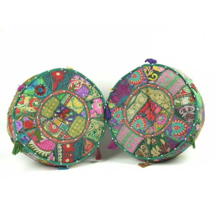 Oosterse poef groen uit India met gekleurde kwasten