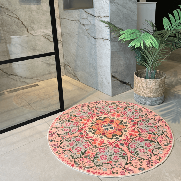 Ronde badmat - Florali zacht roze
