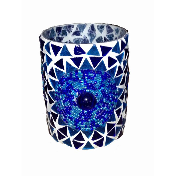 Waxinelichthouder mozaïek cilinder blauw beads en triangles