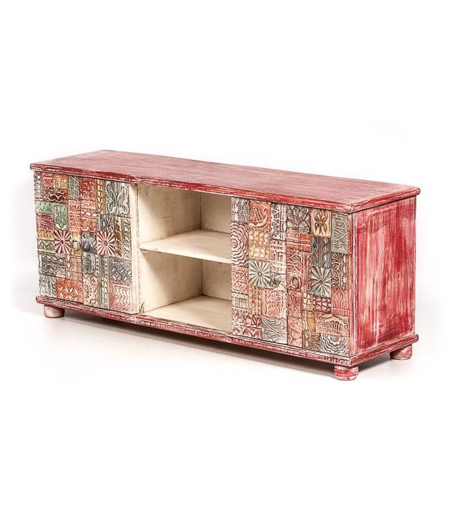 Wiskundige Buurt binnenkort Oosters tv meubel met mooi houtsnijwerk kleurrijk rood en stempels - Merel  in Wonderland